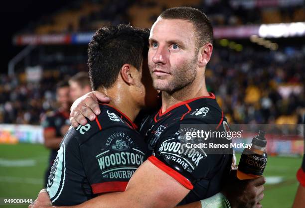 Mason Lino and Blake Green embrace after the round seven NRL match between the New Zealand Warriors and the St George Illawarra Dragons at Mt Smart...