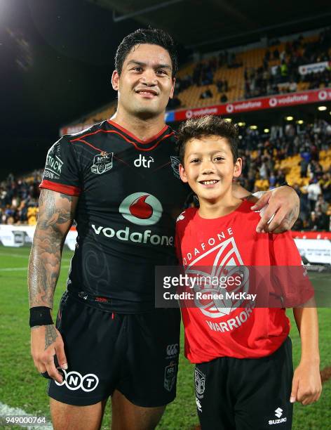 Issac Luke and his son Adaquix after the round seven NRL match between the New Zealand Warriors and the St George Illawarra Dragons at Mt Smart...