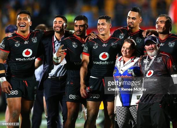 Warriors players pose for a photo with fans after their win at the round seven NRL match between the New Zealand Warriors and the St George Illawarra...