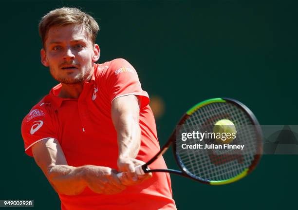 David Goffin of Belgium in action in his singles match against Grigor Dimitrov of Bulgaria during say six of ATP Masters Series: Monte Carlo Rolex...