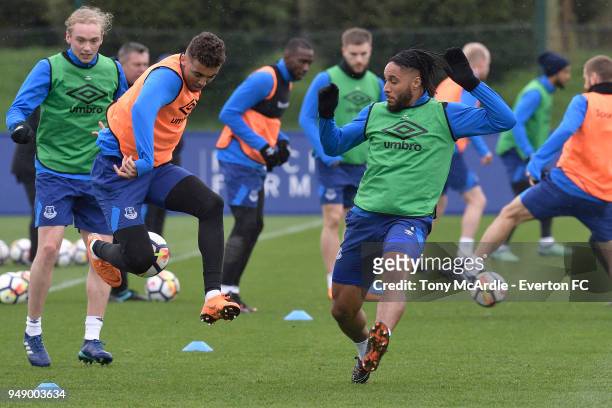 Dominic Calvert-Lewin and Ashley Williams during the Everton FC training session at USM Finch Farm on April 17, 2018 in Halewood, England.
