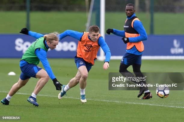Tom Davies Jonjoe Kenny and Yannick Bolasie during the Everton FC training session at USM Finch Farm on April 17, 2018 in Halewood, England.