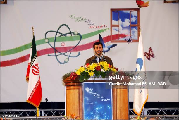 Iran's President Mahmoud Ahmadinejad speaks during a ceremony at Natanz nuclear inrichment facility, 300 kms south of capital Tehran.