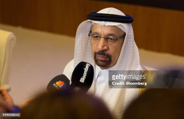 Khalid al-Falih, Saudi Arabia's energy minister, speaks to the media at the Joint Ministerial Monitoring Committee of OPEC in Jeddah, Saudi Arabia,...
