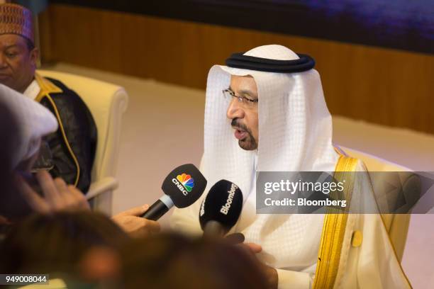 Khalid al-Falih, Saudi Arabia's energy minister, speaks to the media at the Joint Ministerial Monitoring Committee of OPEC in Jeddah, Saudi Arabia,...