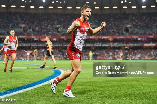 Kieren Jack of the Swans celebrates kicking a goal during the round five AFL match between the Sydney Swans and the Adelaide Crows at Sydney Cricket...