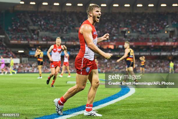 Kieren Jack of the Swans celebrates kicking a goal during the round five AFL match between the Sydney Swans and the Adelaide Crows at Sydney Cricket...