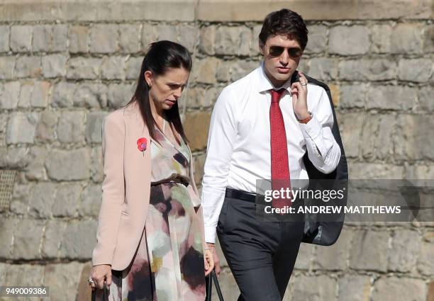 Prime Minister of New Zealand Jacinda Ardern talks with Prime Minister of Canada, Justin Trudeau as they arrive at Windsor Castle for a Commonwealth...