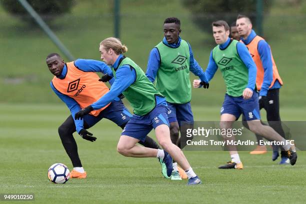 Yannick Bolasie Tom Davies, Idrissa Gueye and Seamus Coleman during the Everton FC training session at USM Finch Farm on April 17, 2018 in Halewood,...