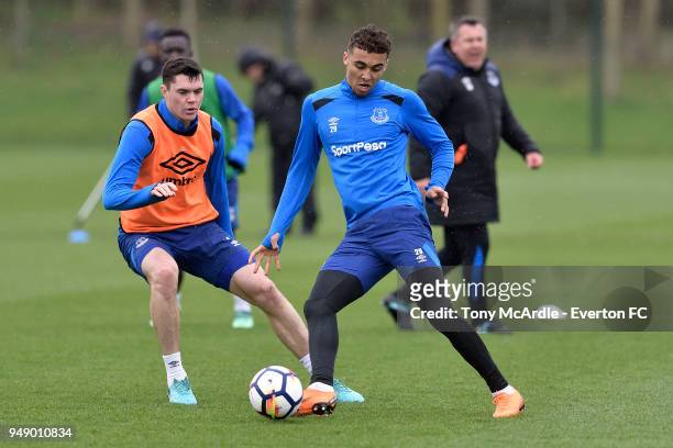 Dominic Calvert-Lewin and Michael Keane during the Everton FC training session at USM Finch Farm on April 17, 2018 in Halewood, England.