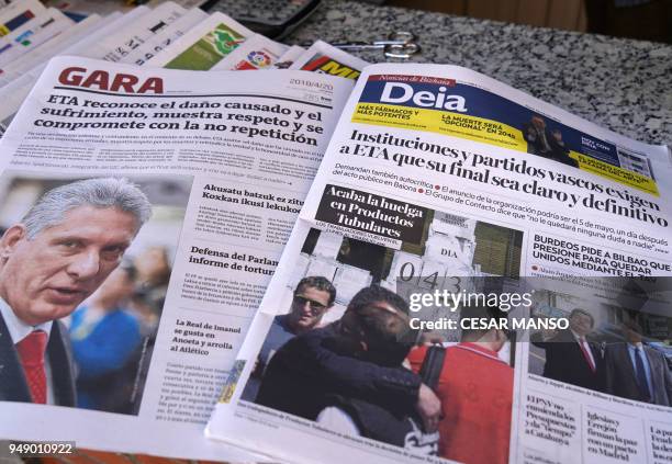 Newspaper at a newsstand in Portugalete display on the cover a statement by Basque separatist group ETA, on April 20, 2018. - The Basque separatist...