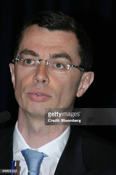 Societe Generale Chief Executive of Corporate and Invesment Banking Jean-Pierre Mustier speaks in the company's headquarters in Paris, France,...