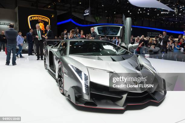 View of the World Premiere Veneno shown on the Lamborghini stand at the Geneva Motor Show, on March 6, 2013 in Geneva in Switzerland.