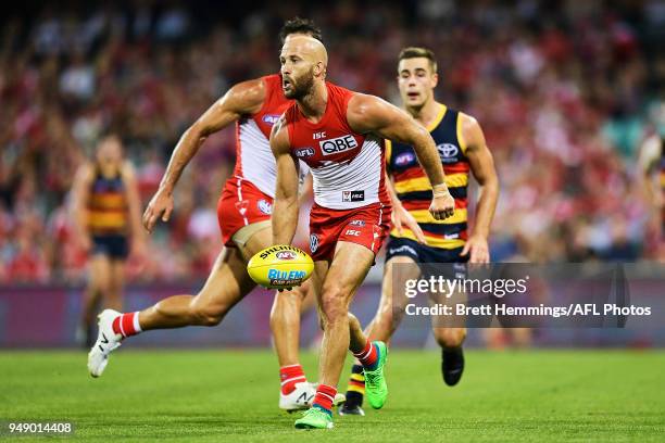 Jarrad McVeigh of the Swans controls the ball during the round five AFL match between the Sydney Swans and the Adelaide Crows at Sydney Cricket...