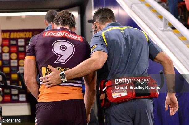 Andrew McCullough of the Broncos is taken from the field injured during the round seven NRL match between the Brisbane Broncos and the Melbourne...