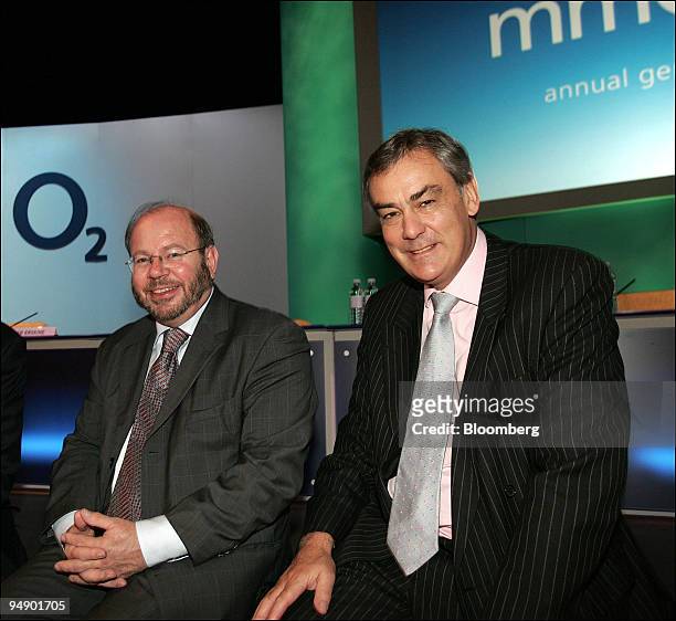 David Arculus, right, poses with David Varney, former Chairman of MMO2 plc. Arculus, will succeed Chairman David Varney after the company's annual...