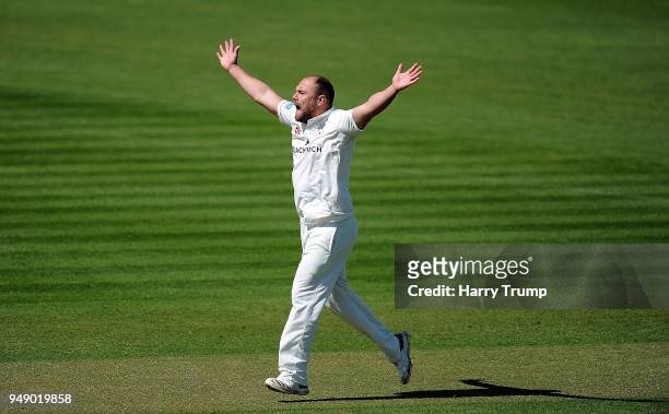 Joe Leach of Worcestershire appeals during Day One of the Specsavers County Championship Division One match between Somerset and Worcestershire at...