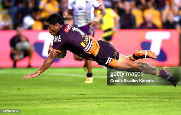 Anthony Milford of the Broncos scores a try during the round seven NRL match between the Brisbane Broncos and the Melbourne Storm at Suncorp Stadium...