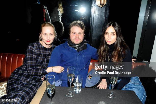 Mona Fastvold, Brady Corbett and Rebecca Dayan attend Cohen Media Group and The Cinema Society host the after party for "Godard Mon Amour" at Omar's...