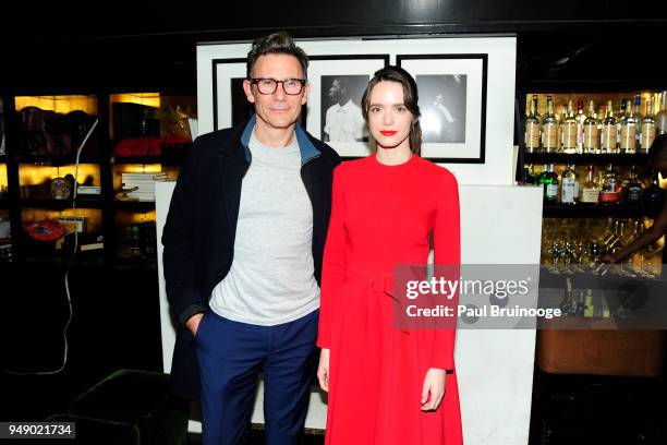Michel Hazanavicius and Stacy Martin attend Cohen Media Group and The Cinema Society host the after party for "Godard Mon Amour" at Omar's on April...
