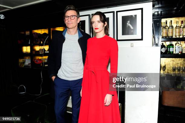 Michel Hazanavicius and Stacy Martin attend Cohen Media Group and The Cinema Society host the after party for "Godard Mon Amour" at Omar's on April...