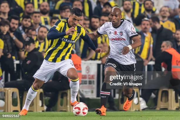 Nabil Dirar of Fenerbahce SK, Ryan Babel of Besiktas JK during the Ziraat Turkish Cup match Fenerbahce AS and Besiktas AS at the Sukru Saracoglu...