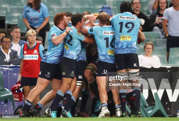 Scuffle breaks out at full time during the round 10 Super Rugby match between the Waratahs and the Lions at Allianz Stadium on April 20, 2018 in...