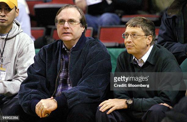 Portland Trail Blazer owner and co-founder of Microsoft Corp., Paul Allen, left, and Microsoft Corp. Chairman and co-founder, Bill Gates, right,...