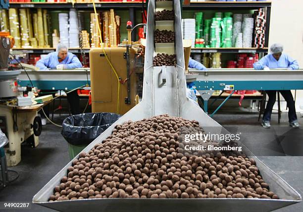Chocolate eggs wait to be wrapped at the kosher certified Madelaine Chocolate Novelties, Inc. Factory in the Queens borough of New York, U.S., on...