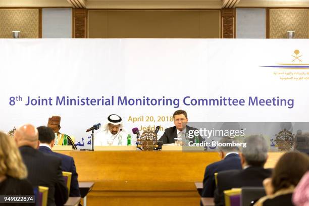 Khalid al-Falih, Saudi Arabia's energy minister, center, attends a news conference with Alexander Novak, Russia's energy minister, right, and...