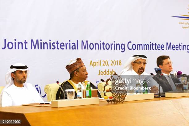 From left to right, Suhail Al Mazrouei, United Arab Emirates energy minister, Mohammed Barkindo, secretary general of the Organization of Petroleum...