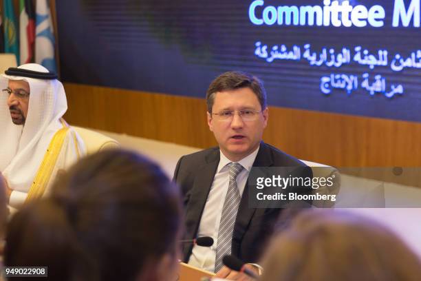Alexander Novak, Russia's energy minister, right, speaks to the media during a news conference with Khalid al-Falih, Saudi Arabia's energy minister,...