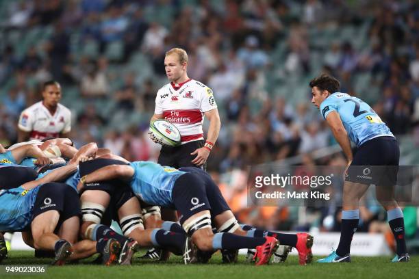 Dillon Smit of the Lions feeds the scrum during the round 10 Super Rugby match between the Waratahs and the Lions at Allianz Stadium on April 20,...