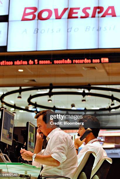 Traders work on the floor of the Bolsa De Valores De Sao Paulo , or Bovespa, in Sao Paulo, Brazil, on Friday, Feb. 8, 2008. Brazil's main stock index...