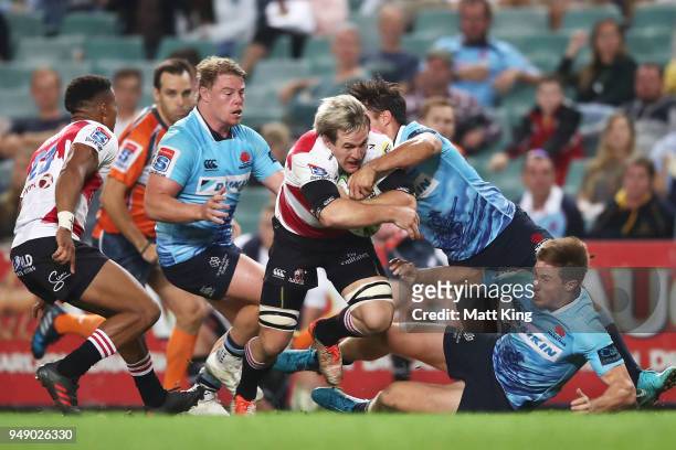 Marnus Schoeman of the Lions scores a try during the round 10 Super Rugby match between the Waratahs and the Lions at Allianz Stadium on April 20,...