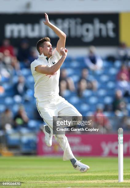 Jake Ball of Nottinghamshire bowls during the Specsavers County Championship Division One match between Yorkshire and Nottinghamshire at Headingley...