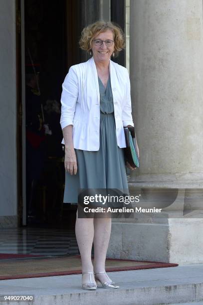 French Minister of Labor Muriel Penicaud leaves the Elysee Palace after the weekly cabinet meeting on April 20, 2018 in Paris, France.