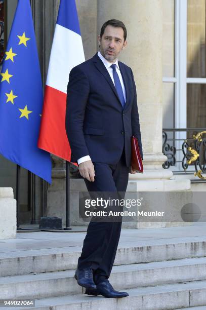Junior Minister for the Relations with Parliament Christophe Castaner leaves the Elysee Palace after the weekly cabinet meeting on April 20, 2018 in...