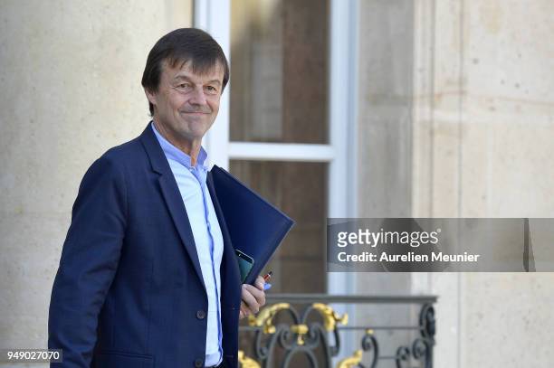 Nicolas Hulot Minister of Ecological and Inclusive Transition leaves the Elysee Palace after the weekly cabinet meeting on April 20, 2018 in Paris,...