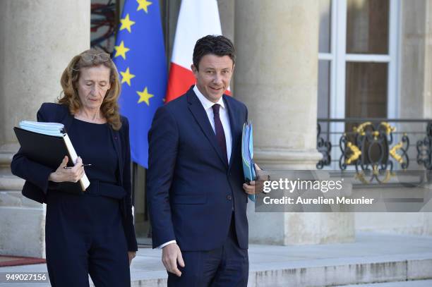 French Justice Minister Nicole Belloubet and Secretary of State to the Prime Minister and Government Spokesman Benjamin Griveaux leave the Elysee...