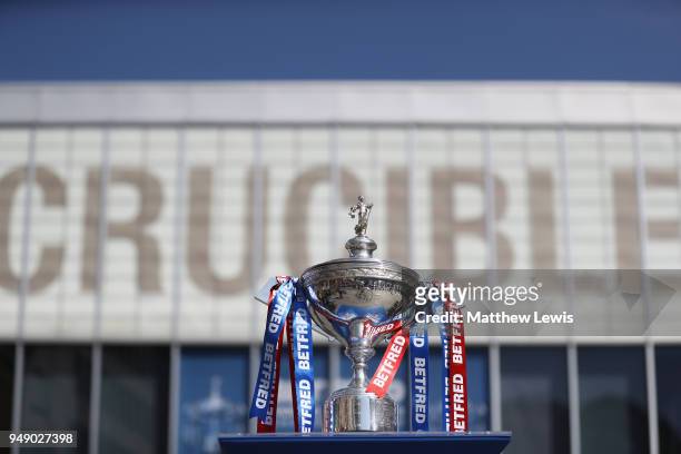 The 2018 Betfred World Championship trophy is seen outside the venue during a media day ahead of the World Snooker Championships at Crucible Theatre...
