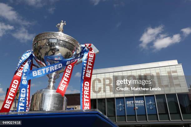 The 2018 Betfred World Championship trophy is seen outside the venue during a media day ahead of the World Snooker Championships at Crucible Theatre...