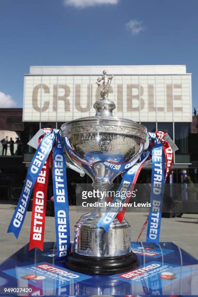 The 2018 Betfred World Championship trophy is seen outside the venue during a media day ahead of the World Snooker Championships at Crucible Theatre...
