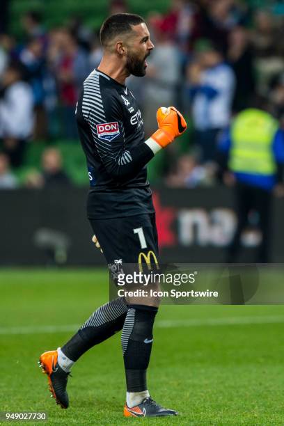 Dean Bouzanis of Melbourne City celebrates as his team mates score a goal at the other end of the pitch during the Elimination Final of the Hyundai...