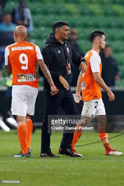 Coach John Aloisi of Brisbane Roar reacts after the A-League Elimination Final match between the Melbourne City and the Brisbane Roar at AAMI Park on...