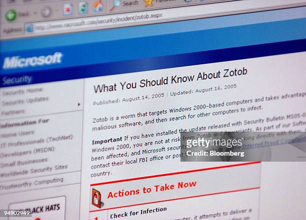 The Microsoft virus warning Web page with information on the Zotob computer virus is seen on a computer in Frankfurt, Germany, Wednesday, August 17,...