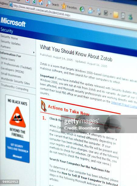 The Microsoft virus warning Web page with information on the Zotob computer virus is seen on a computer in Frankfurt, Germany, Wednesday, August 17,...