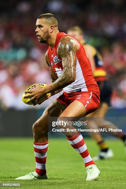 Lance Franklin of the Swans controls the ball during the round five AFL match between the Sydney Swans and the Adelaide Crows at Sydney Cricket...