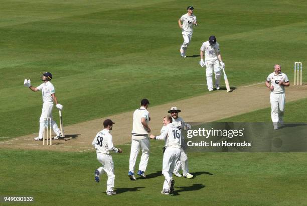 Nathan Rimmington of Durham is caught out during day one of the SpecSavers County Championship Division Two match between Durham and Kent at the...