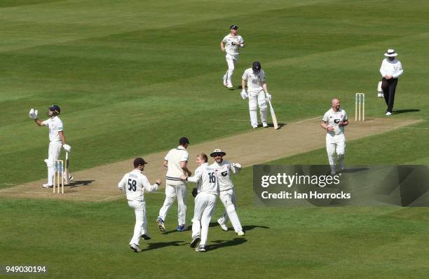 Nathan Rimmington of Durham is caught out during day one of the SpecSavers County Championship Division Two match between Durham and Kent at the...